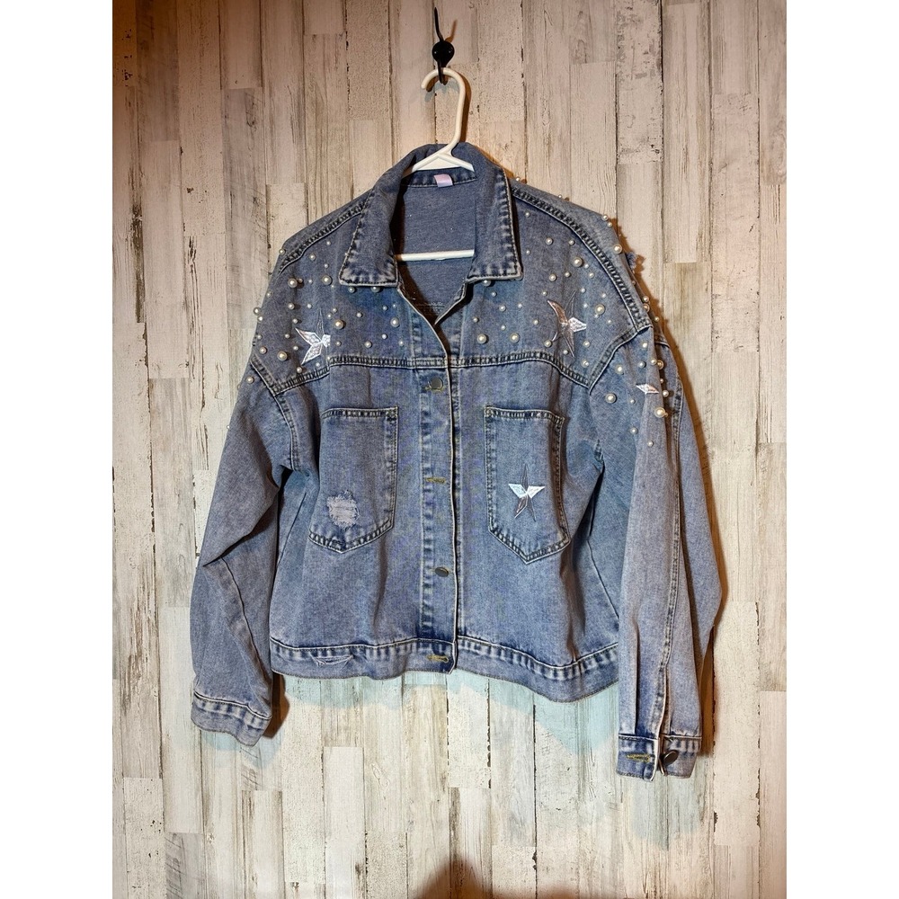 Womens‎ Denim Distressed Jacket Casual star Embellished  XL